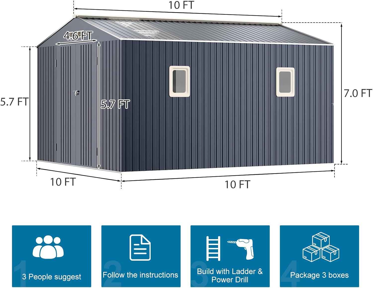Restland 10x10 FT Outdoor Storage Shed with Floor Base Frame Reinforced Metal Shed with Clear Roof, Air Vent & Lockable Door Large Garden Storage Sheds for Backyard, Lawn