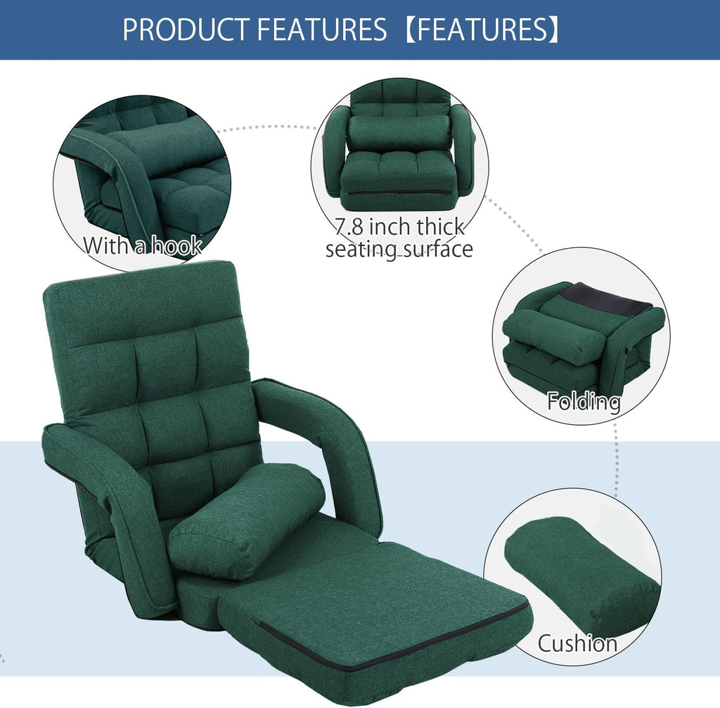 42-Position Adjustable Floor Chair, Chaise Lounge Chair Indoor,Comfy Folding Lazy Sofa Chair for Adults with Armrests and a Pillow Padded,Gaming Chairs for Living Room,Bedroom,Fabric,Green