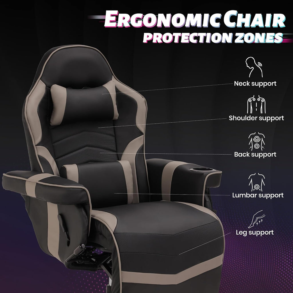 Game Reclining Chair with Adjustable Height, PU Gaming Chair with Massage, Long Footrest and Lumbar Support, High Back Swivel Computer Game Chair for Adult (Gray)