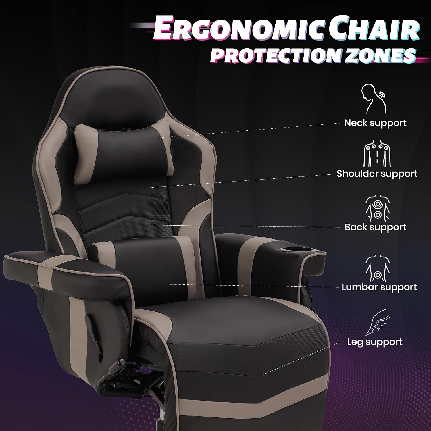 Game Reclining Chair with Adjustable Height, PU Gaming Chair with Massage, Long Footrest and Lumbar Support, High Back Swivel Computer Game Chair for Adult (Gray)
