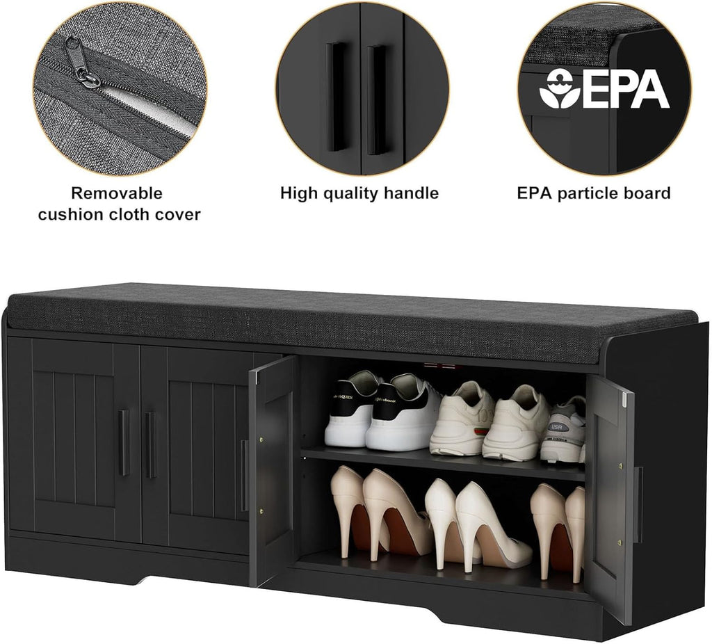 Homleke 2-Tier Storage Bench, Shoe Bench with Thickened Padded Seat Cushion, Entryway Bench with 4 Doors, Adjustable Shelf, 13.8' D x 45.3' W x 18.5' H, for Entryway, Living Room, Bedroom, Black