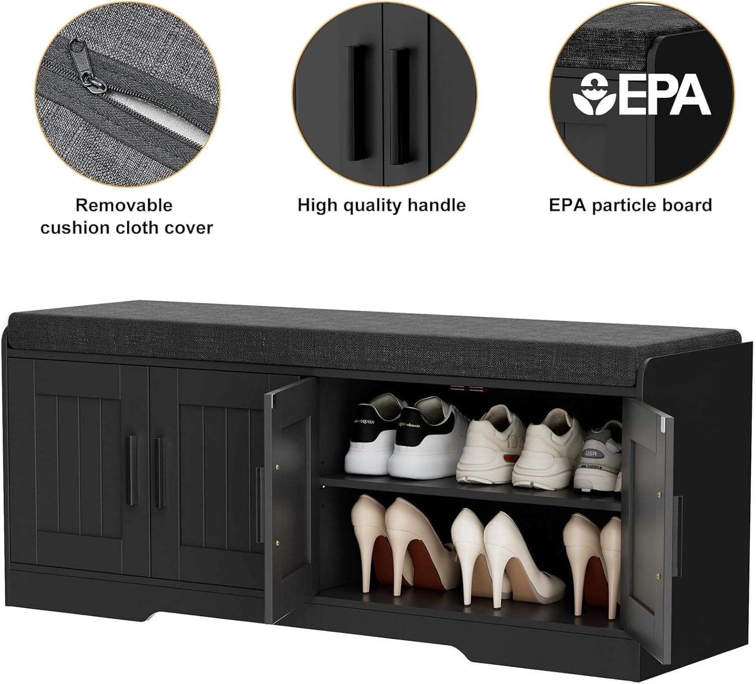 Homleke 2-Tier Storage Bench, Shoe Bench with Thickened Padded Seat Cushion, Entryway Bench with 4 Doors, Adjustable Shelf, 13.8' D x 45.3' W x 18.5' H, for Entryway, Living Room, Bedroom, Black