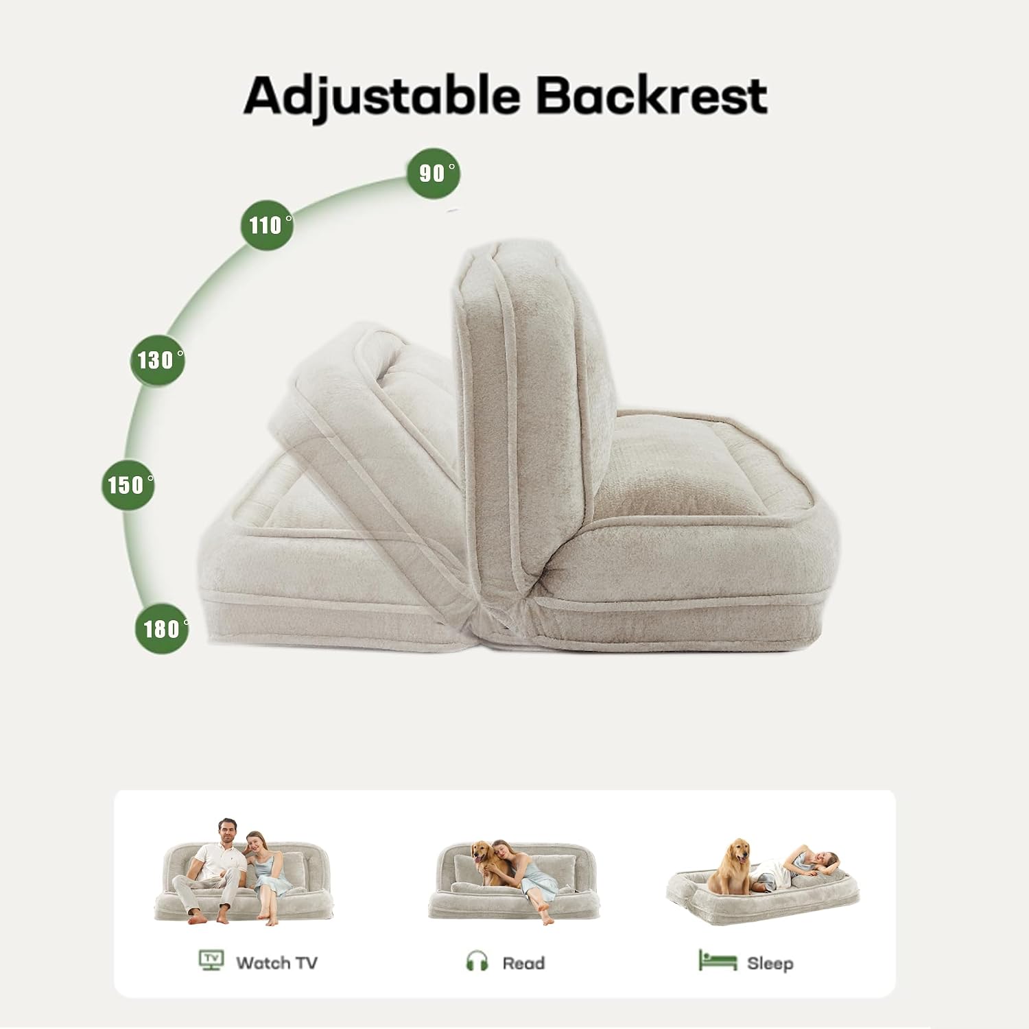 71'' Human Dog Bed, Upholstered Lounge Loveseat Chair, Floor Chair with Back Support, 5 Adjustable Position Folding Sofa Bed for Adults & Pets, Lazy Sofa Bed for Living Room, Game Room, Beige