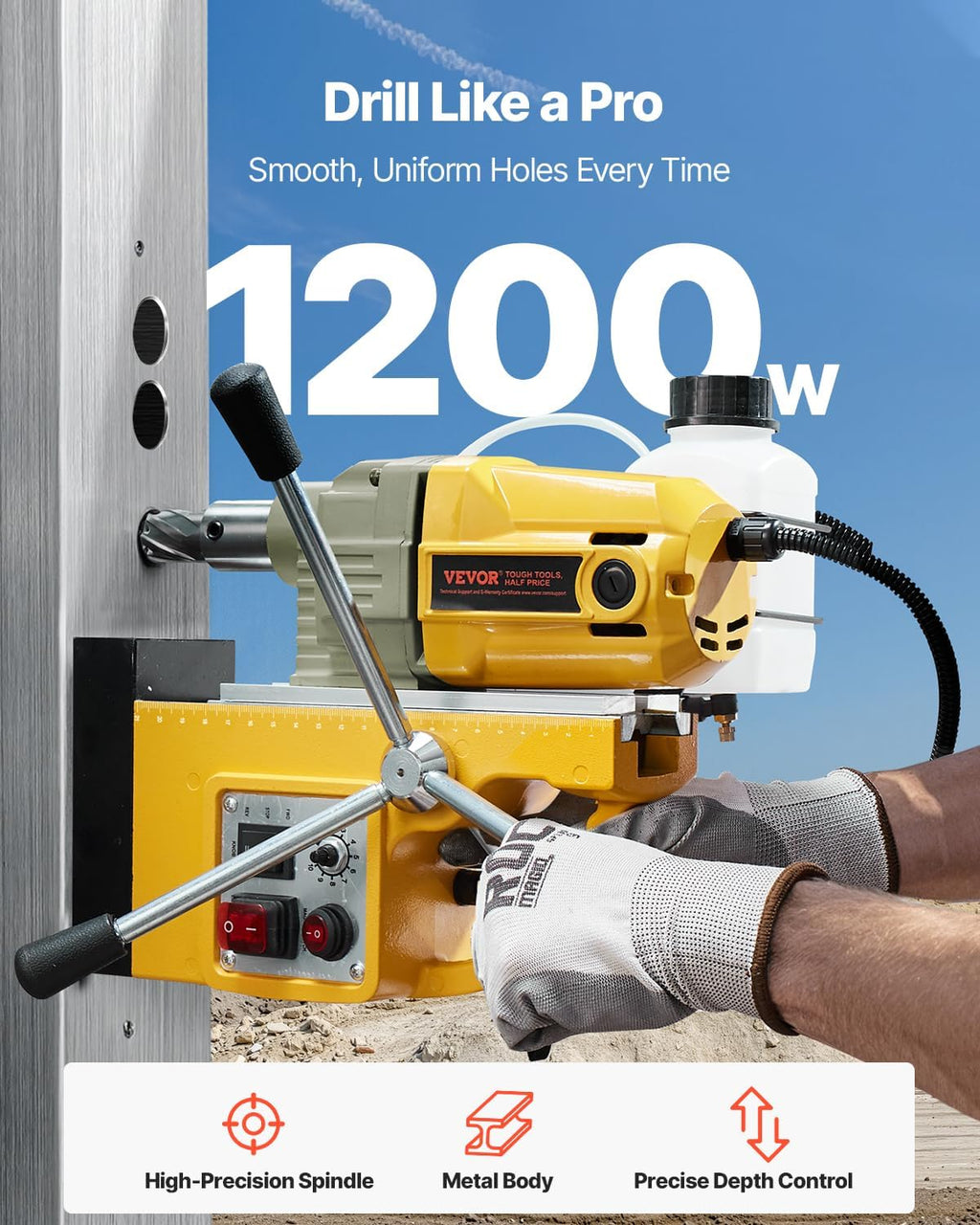 VEVOR Magnetic Drill, 1200W Motor 1.6 in Boring Diameter, 2810 lbf Electric Mag Drill Press, with 2 Coring Bits, Variable Speed, Drilling Machine for Metal Surface, Home Improvement Industry, Yellow