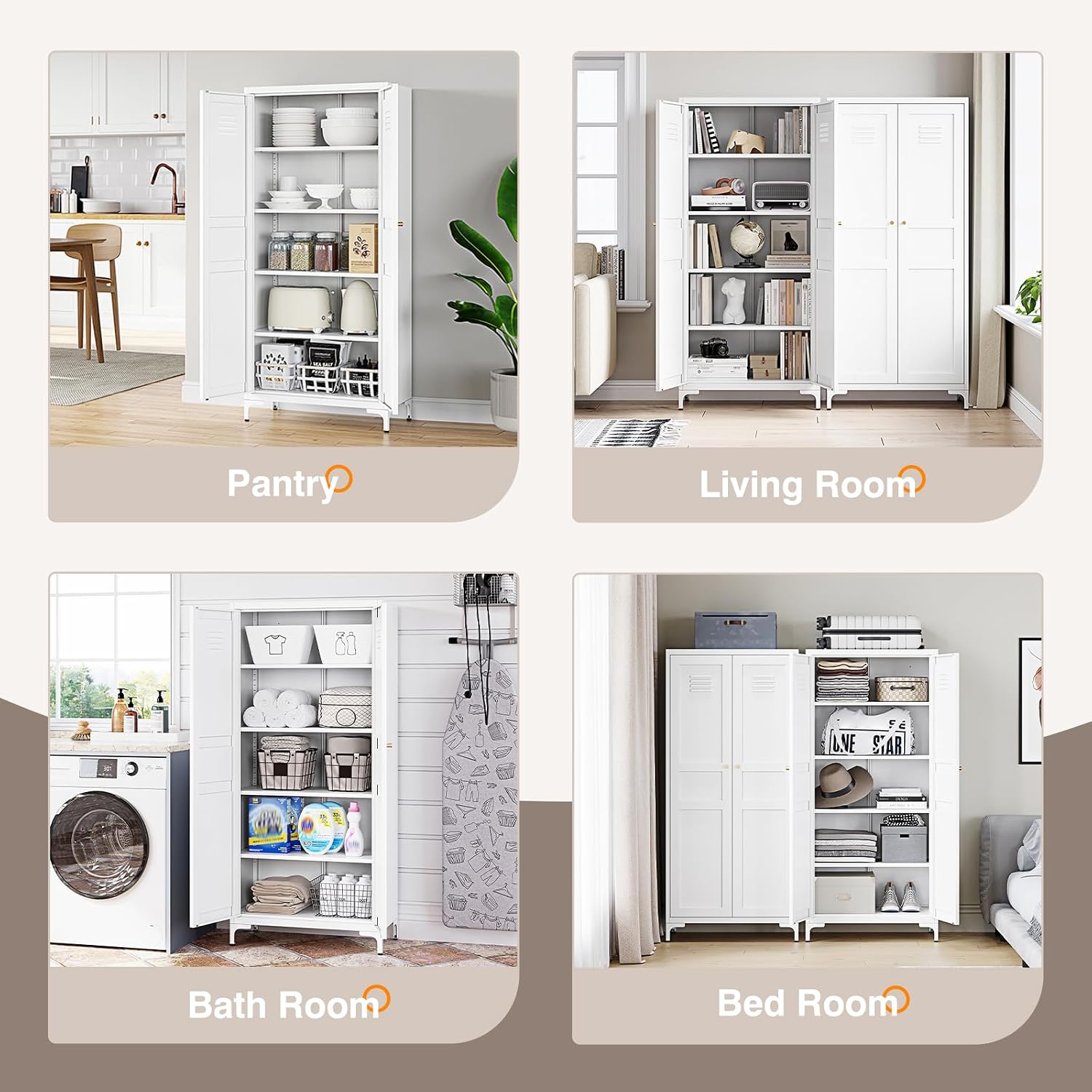 Yizosh Metal Storage Cabinet with 2 Doors and 4 Adjustable Shelves - 61' White Kitchen Pantry Storage 5-Tier Tall Steel Cabinets Locker for Kitchen, Living Room, Dining Room