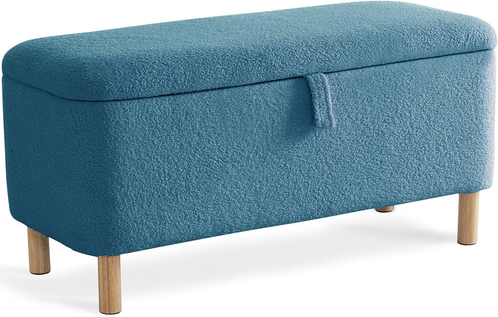 Boucle Storage Ottoman Bench for Bedroom end of Bed, Sherpa Upholstered Shoe Seat Storage Bench for Entryway Bed Foot, Rectangle Cushion Padded Blanket Chest Cute for Living Room, Light Blue