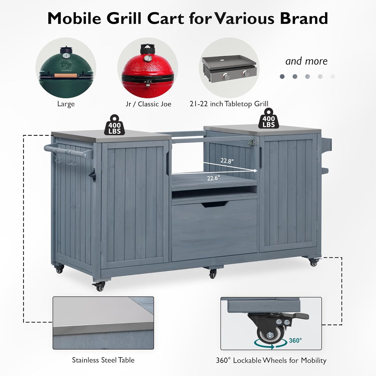 Merax 66.5' Outdoor Kitchen Island for Big Green Egg Grills, Solid Wood Outdoor Grill Cart for Tabletop Grill with Stainless Steel Top, Drawer, Compatible with Kamado Joe,Grey Blue