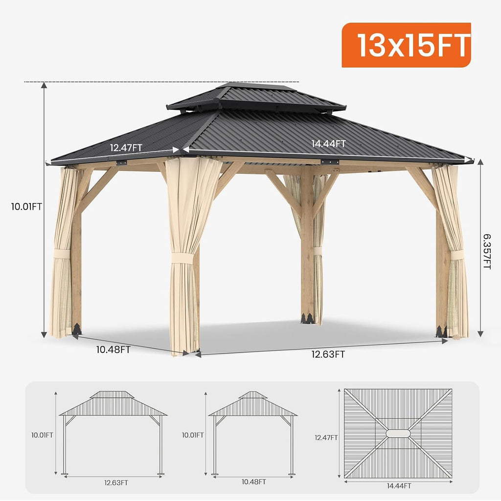 Outdoor Wooden Gazebo - Outdoor Patio Gazebo with Galvanized Steel Double Roof, Cedar Wooden Frame Pavilion, Pergolas for Garden, Lawn, Poolside (13X15FT)