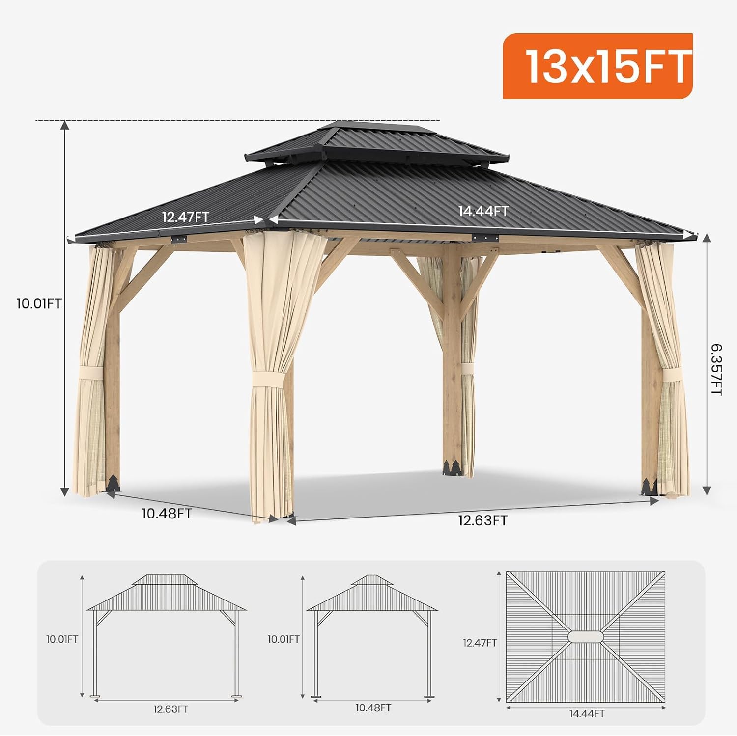Outdoor Wooden Gazebo - Outdoor Patio Gazebo with Galvanized Steel Double Roof, Cedar Wooden Frame Pavilion, Pergolas for Garden, Lawn, Poolside (13X15FT)