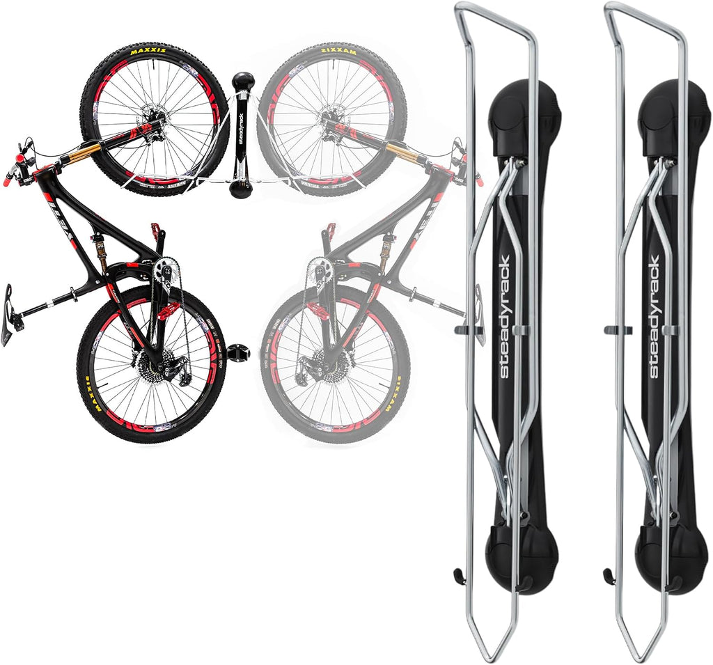 Steadyrack Bike Rack – Pivoting Mountain Bike Rack, Holds Up to 77 lbs, Fits 24'-29' Wheels, 2.1'-2.8' Tires, Foldable Wall Mount for Space-Saving Bicycle Storage - 2 Pack