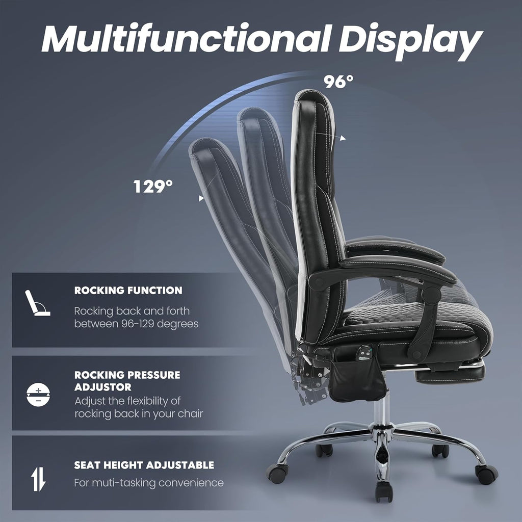 MALOL Massage Office Chair with Heat and Footrest - 3-Level 65°C Targeted Heating, 20-Min Assembly Leather Desk Chair, Big and Tall Executive Computer Chair with Side Pocket, 300 lbs, Black,Set of 2
