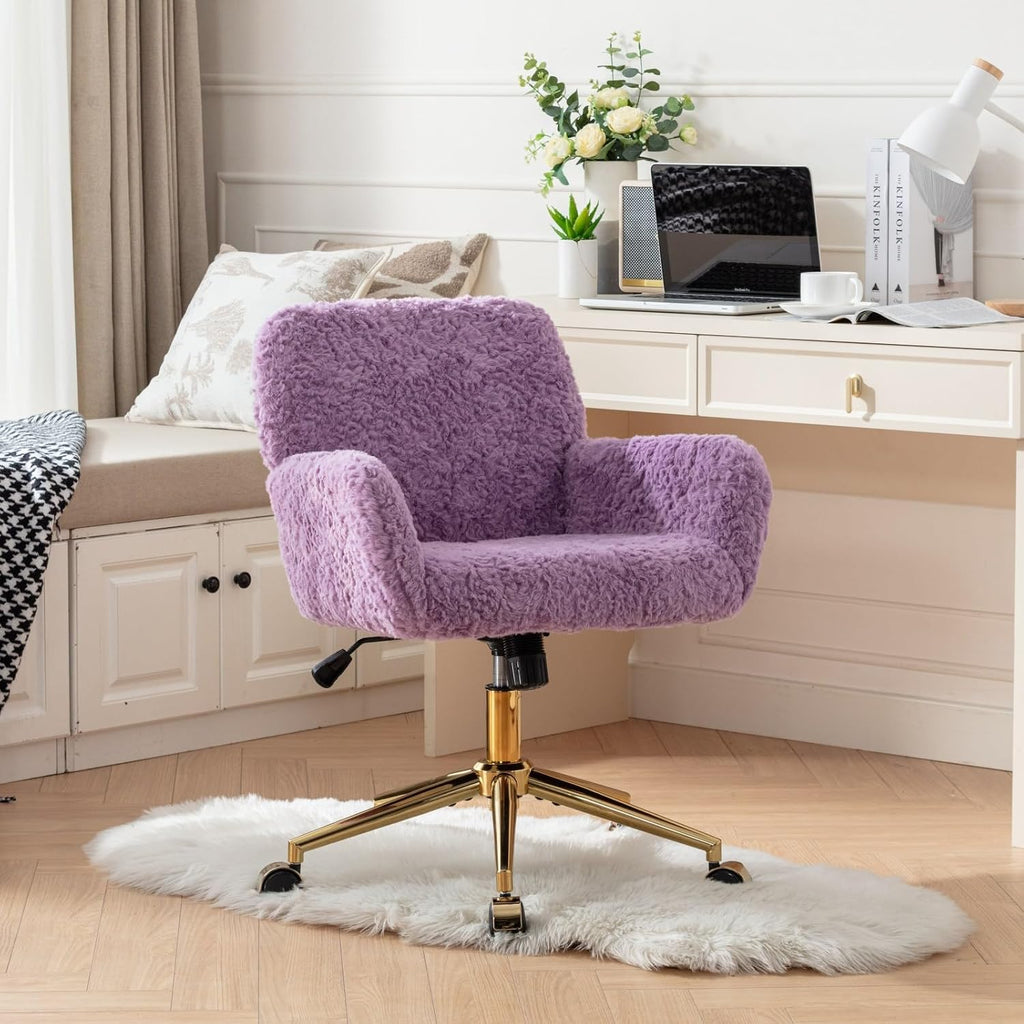 Shenyon Faux Fur Makeup Vanity Chair, Comfy Fuzzy Home Office Desk Chair with Wheels & Gold Base, Upholstered Adjustable Swivel Office Chair for Teens Girls Women Home Office, Violet