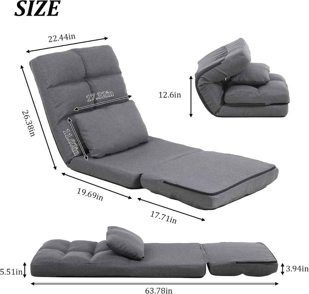 Chaise Lounge Indoor, 14-Position Floor Chair with Padded Pillow for Adults Kids, Folding Lazy Sofa Chair for Living Room, Bedroom, for Gaming Reading (Grey)