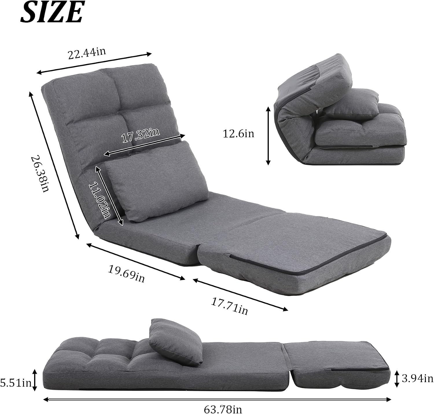Chaise Lounge Indoor, 14-Position Floor Chair with Padded Pillow for Adults Kids, Folding Lazy Sofa Chair for Living Room, Bedroom, for Gaming Reading (Grey)