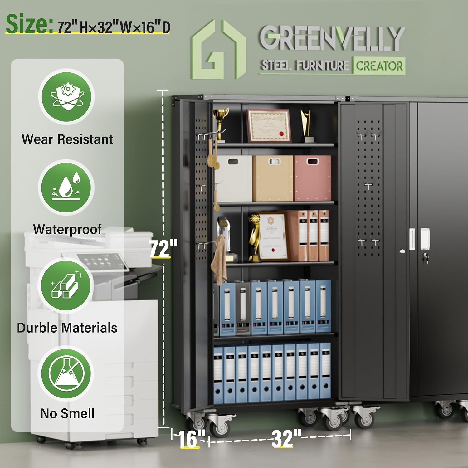 Greenvelly Metal Storage Cabinet with Wheels, 72' Black Garage Rolling Cabinet with Doors and 4 Shelves, Steel Locking Cabinets Tall Tool Lockable Storage Cabinets for Basement, Pantry, Home Office