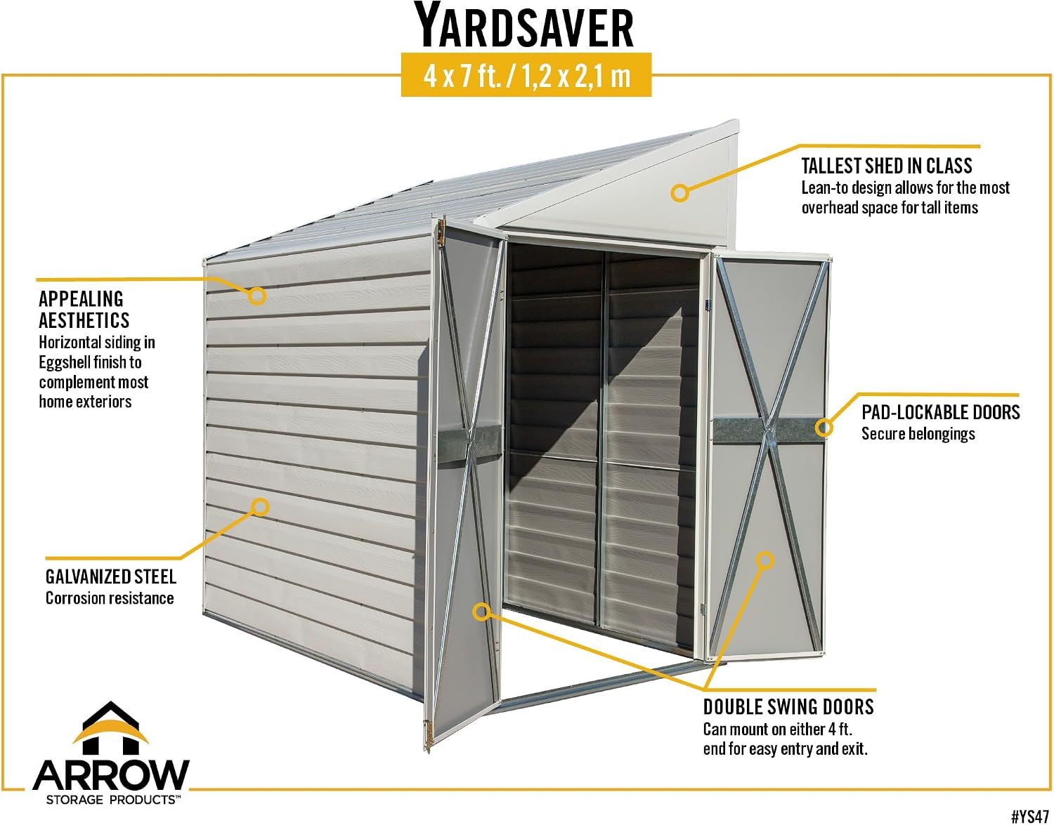 Arrow Shed YS47-A Compact Galvanized Steel Storage Shed with Pent Roof, 4' x 7'