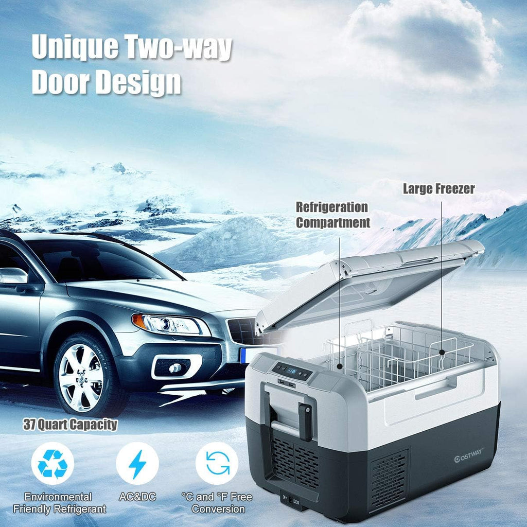 COSTWAY Portable Car Refrigerator, -14.8°F to 50°F, 37-Quart Compressor Travel Fridge with Two-way Open Door, Operating Panel, Groove Design, Compact RV Freezer and Cooler for Outdoor Use