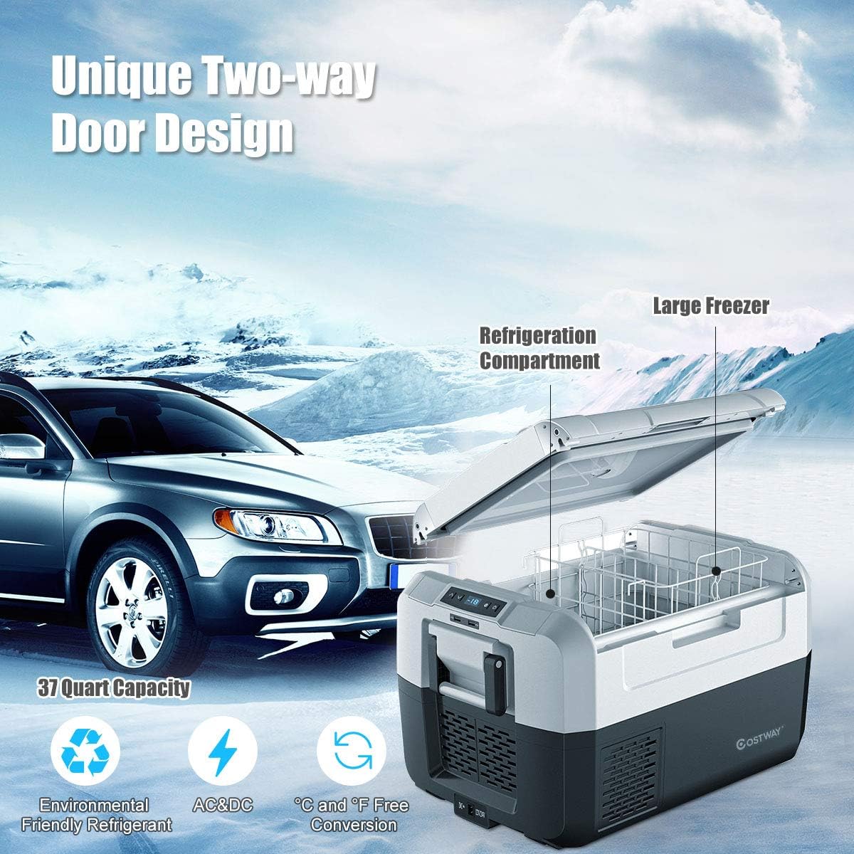 COSTWAY Portable Car Refrigerator, -14.8°F to 50°F, 37-Quart Compressor Travel Fridge with Two-way Open Door, Operating Panel, Groove Design, Compact RV Freezer and Cooler for Outdoor Use