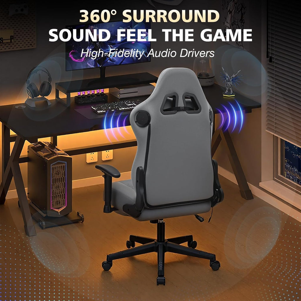 HOFFREE Gaming Chair with Bluetooth Speakers Massage Gaming Chairs for Adults Suede Fabric 165° Reclining Ergonomic Computer Chairs with Footrest Pocket Spring Cushion High Back Gamer Chair Grey
