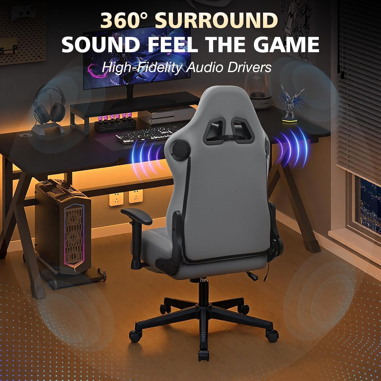 HOFFREE Gaming Chair with Bluetooth Speakers Massage Gaming Chairs for Adults Suede Fabric 165° Reclining Ergonomic Computer Chairs with Footrest Pocket Spring Cushion High Back Gamer Chair Grey