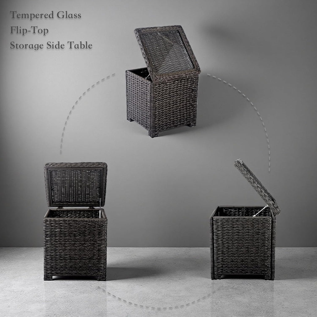 Classic Outdoor Storage Side Table, Weather-Resistant HDPE Rattan Wicker Patio Coffee Table w/Tempered Glass Flip Top for Porch Pool, Dark Brown