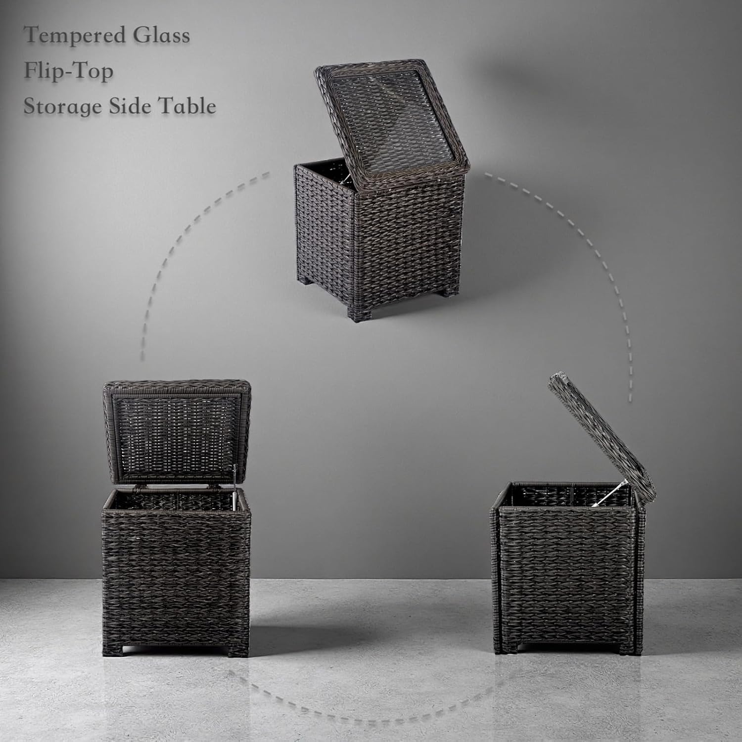 Classic Outdoor Storage Side Table, Weather-Resistant HDPE Rattan Wicker Patio Coffee Table w/Tempered Glass Flip Top for Porch Pool, Dark Brown