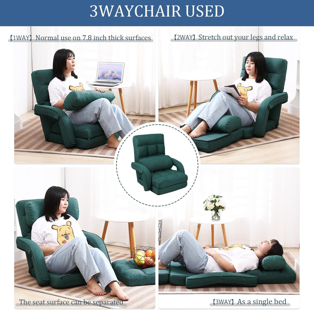 42-Position Adjustable Floor Chair, Chaise Lounge Chair Indoor,Comfy Folding Lazy Sofa Chair for Adults with Armrests and a Pillow Padded,Gaming Chairs for Living Room,Bedroom,Fabric,Green