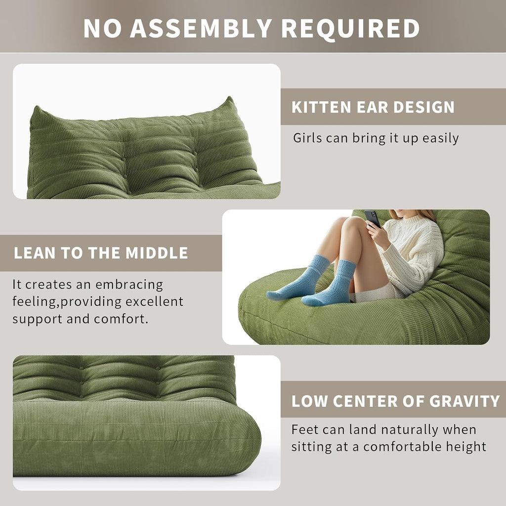 Bean Bag Chair for Adults Fireside Sofa Floor Lazy Couches with Ergonomic Corduroy Cozy Memory Foam Lounger Couch for Dorm, Apartment and Gaming Venue,Olive Green