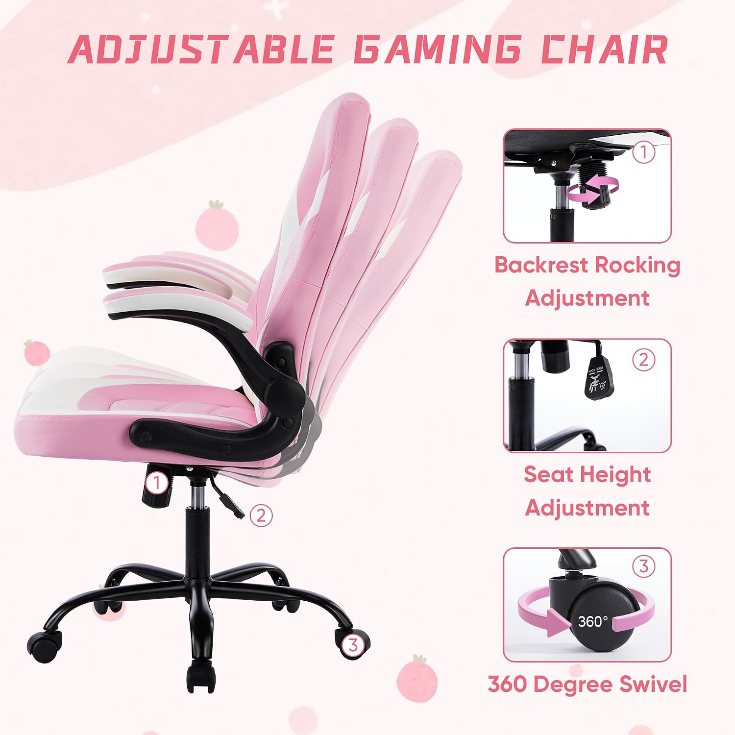 Heavy Duty Gaming Chair Ergonomic Gamer for Home Office with Lumbar Support, Adjustable Backrest, Flip-Up Armrest and Stable 360° Swivel Wheels for Adults, Professional Gamers and Teens, Pink-White