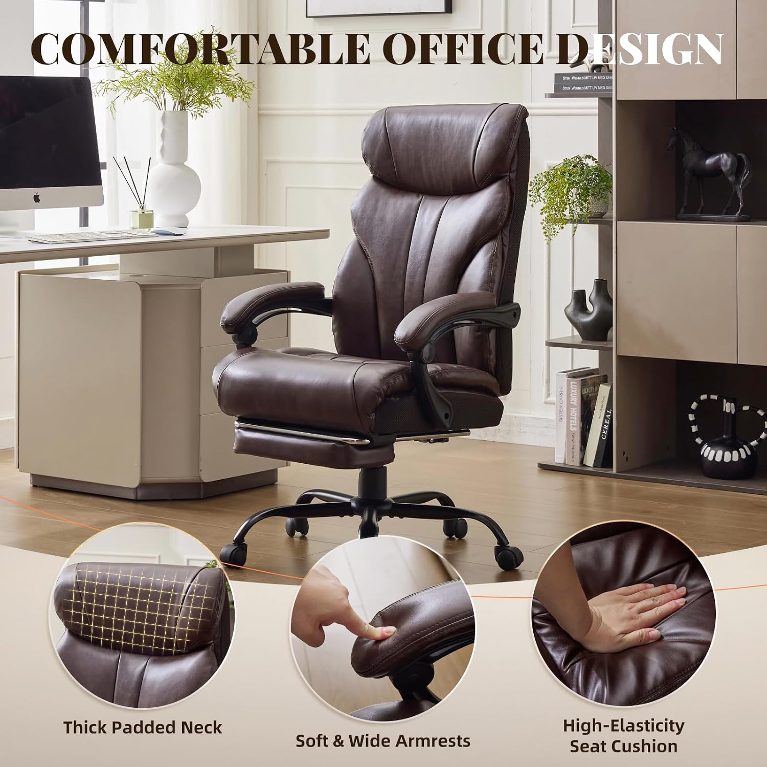 Big and Tall Office Chairs with Foot Rest,500LBS Wide Ergonomic Gaming Chair,100-135°Recline Executive Leather Computer Chairs with Adjustable Height,Coffee