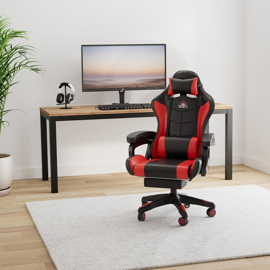 Gaming Chair with Footrest, Full Massage Chair with Bluetooth Speaker, LED Light Computer Chair with Lumbar Support and Backrest Adjustable,Red
