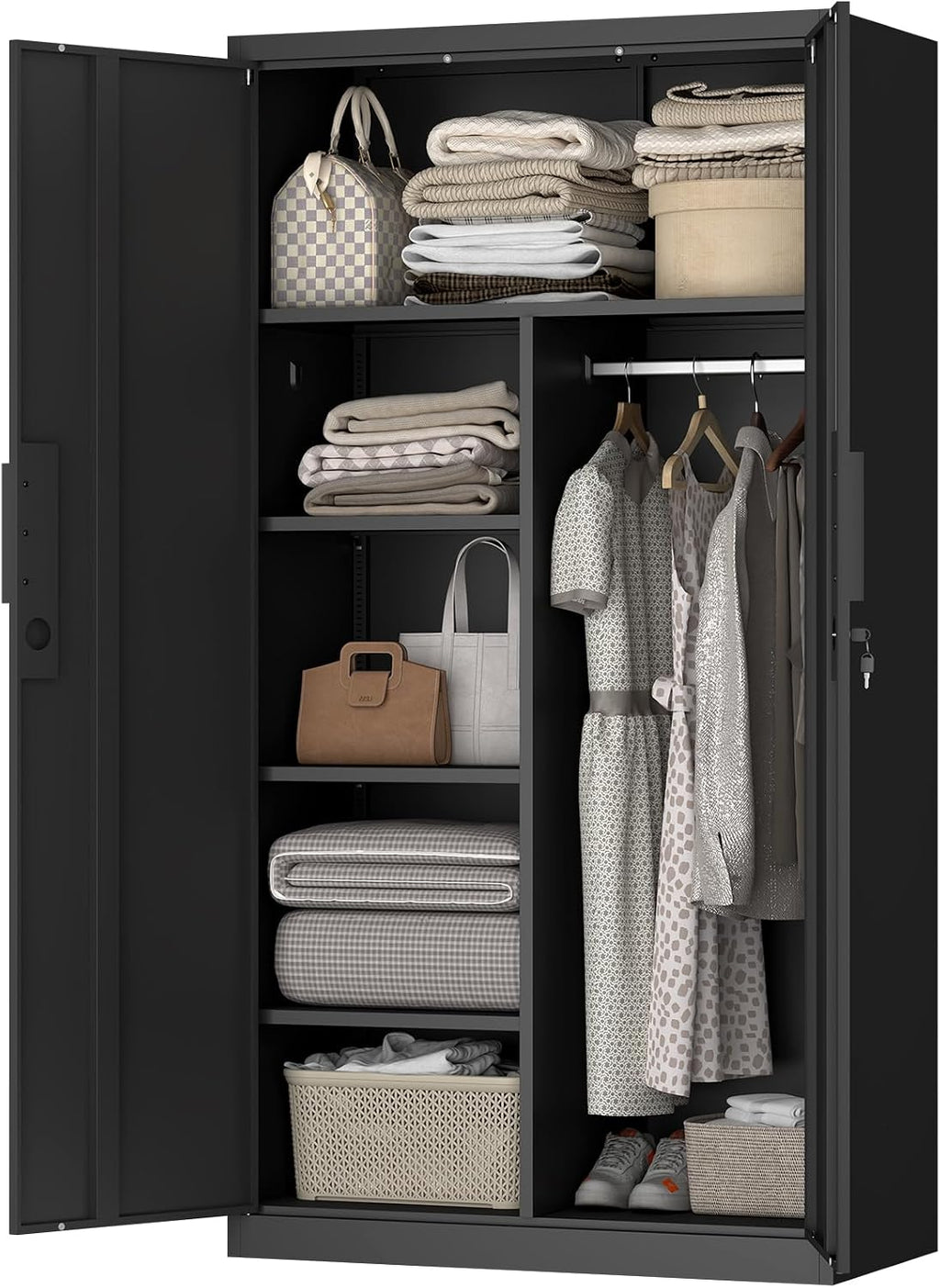 IRONFFICE Metal Storage Cabinet,Steel Armoire Wardrobe Closet with Adjustable Shelves,Hanging Rod,Almirah for Clothes,Locking Wardrobe Cabinet for Bedroom,Home,Black