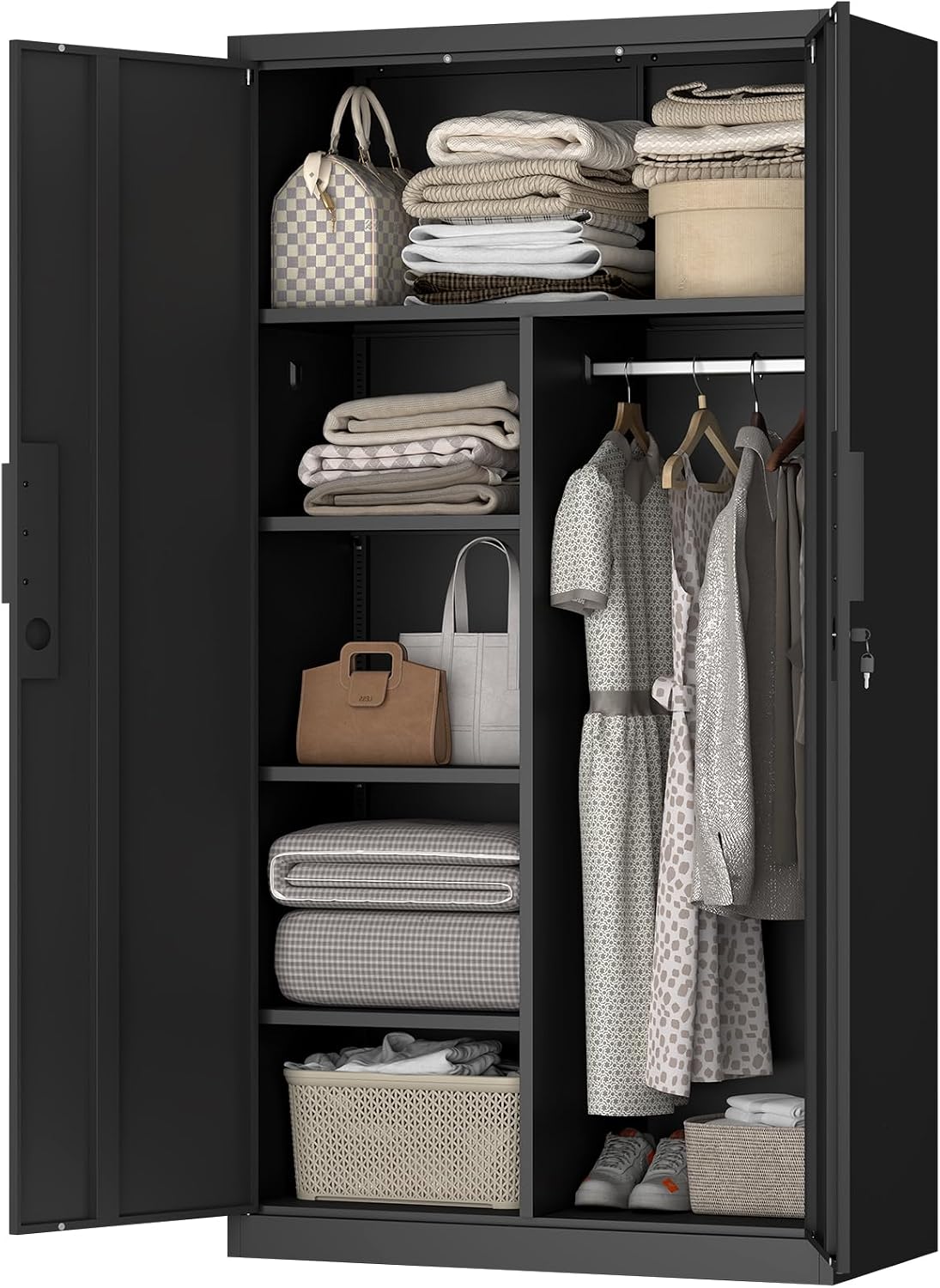 IRONFFICE Metal Storage Cabinet,Steel Armoire Wardrobe Closet with Adjustable Shelves,Hanging Rod,Almirah for Clothes,Locking Wardrobe Cabinet for Bedroom,Home,Black