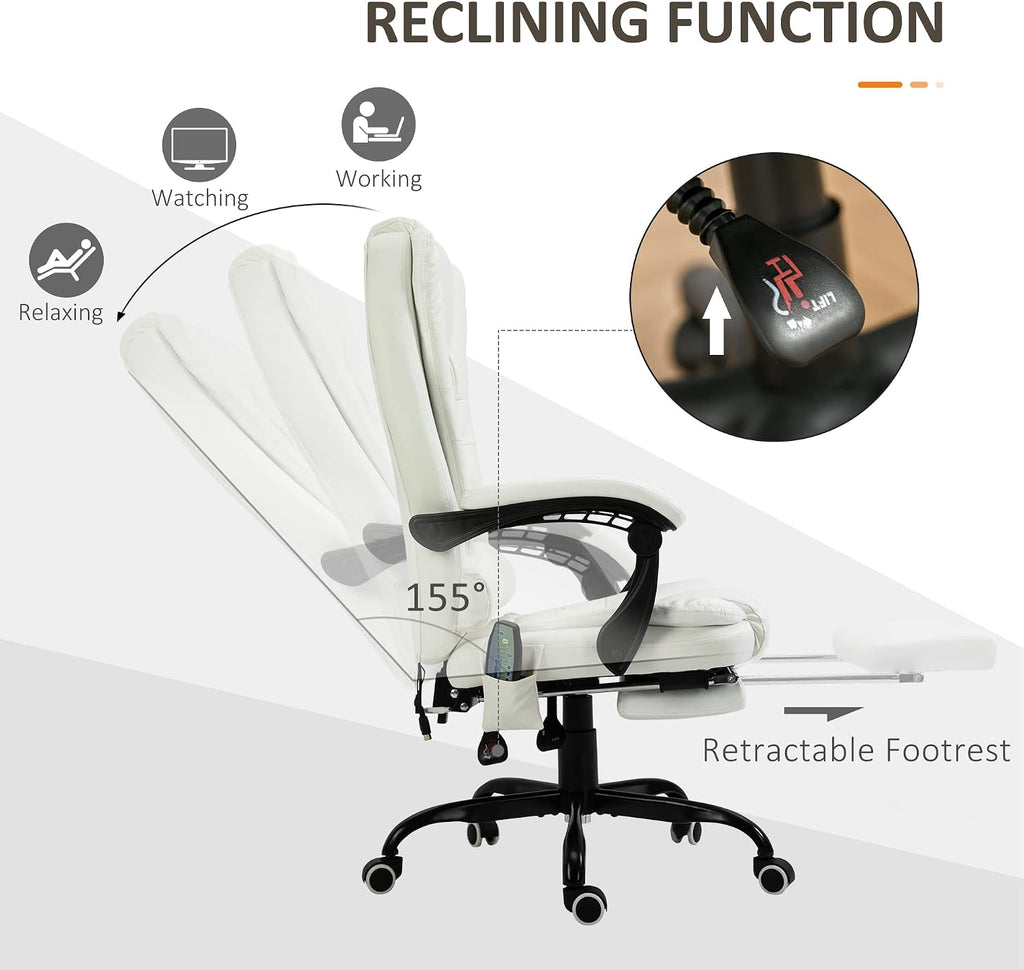 Vinsetto 7-Point Vibrating Massage Office Chair, High Back Computer Chair with Lumbar Support, Footrest, Reclining Back, Adjustable Height, White