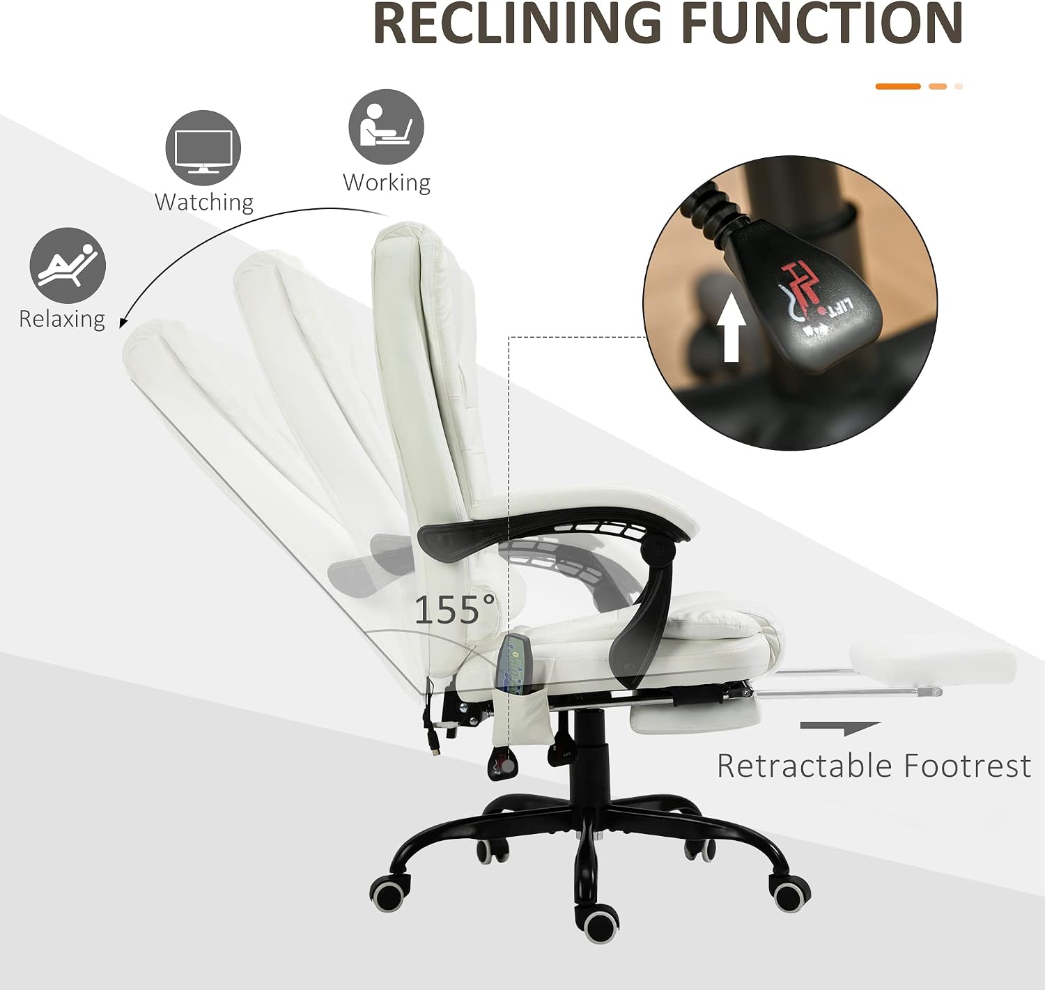 Vinsetto 7-Point Vibrating Massage Office Chair, High Back Computer Chair with Lumbar Support, Footrest, Reclining Back, Adjustable Height, White