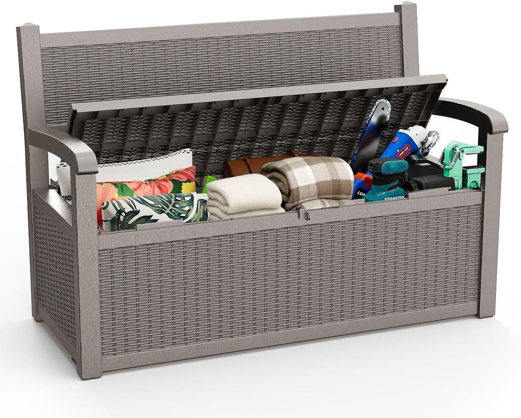 ROJIK 80 Gallon Storage Bench Deck Box Outdoor with Armrests,Storage Furniture Waterproof Lockable for Porch Patio and Garden (Grey)