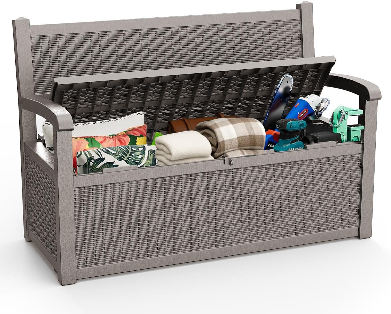 ROJIK 80 Gallon Storage Bench Deck Box Outdoor with Armrests,Storage Furniture Waterproof Lockable for Porch Patio and Garden (Grey)