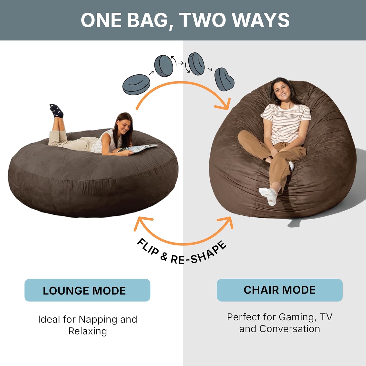 Jaxx 6 Foot Cocoon - 2-in-1 Convertible Bean Bag Bed & Large Bean Bag Chair for Adults, Chocolate