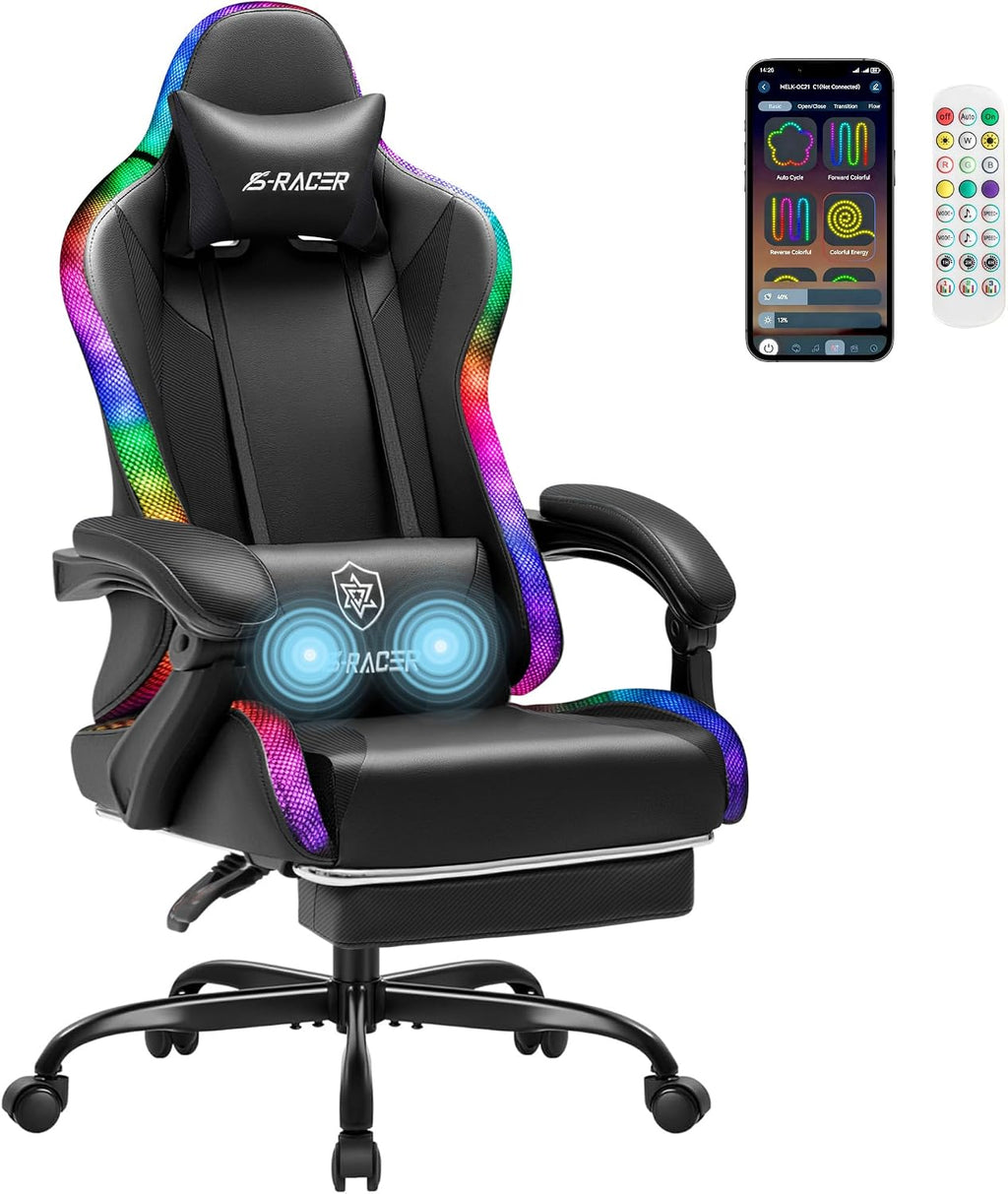 Homall Gaming Chair with Massage & Footrest, Ergonomic Computer Office Chair, High-Back Racing Style Reclining Chair with Adjustable Lumbar Support, PU Leather for Adults (Black)
