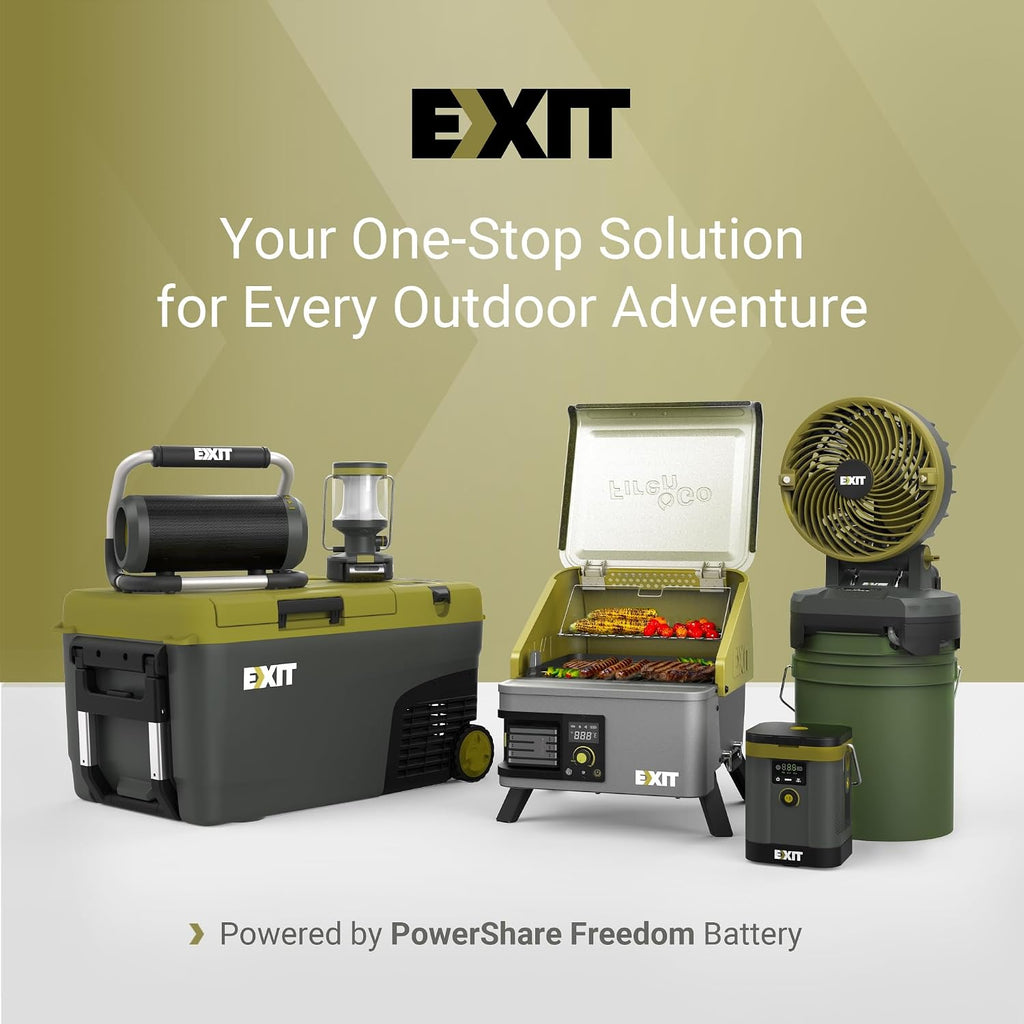 EXIT 20V Outdoor mini refrigerator EX100, battery powered electric cooler -4°F to 68°F, 12/24V DC 100~240 Volt AC for Outside Camping, Tailgating, Includes two Replaceable 4.0 Ah Batteries