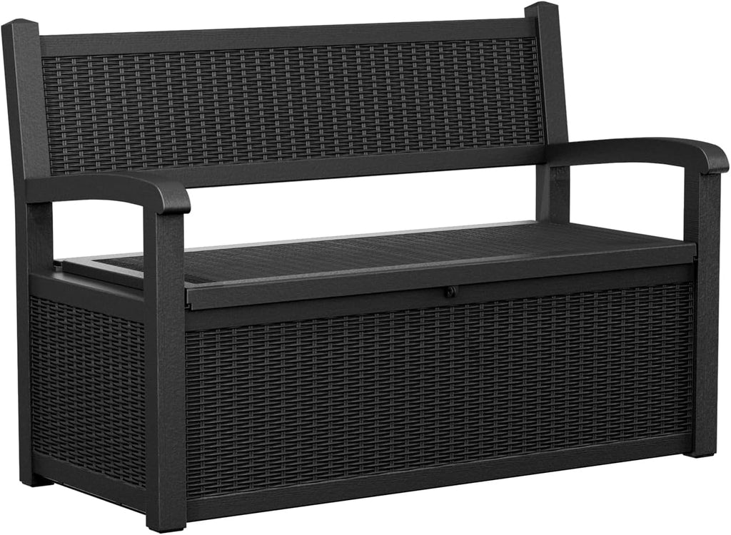 Vixzen 80 Gallon Outdoor Storage Bench Deck Box, Lockable All-Weather Resin Seating Outside Benches, Waterproof Furniture Patio Garden Porch Pool Tool Cushion Black