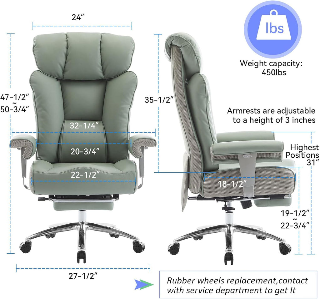 Efomao Big and Tall Office Chair 400lbs - Heavy Duty Executive Desk Chair with Foot Rest & 23' Wide Seat - High Back Ergonomic Leather Computer Chair for Heavy People, Home Office, Green