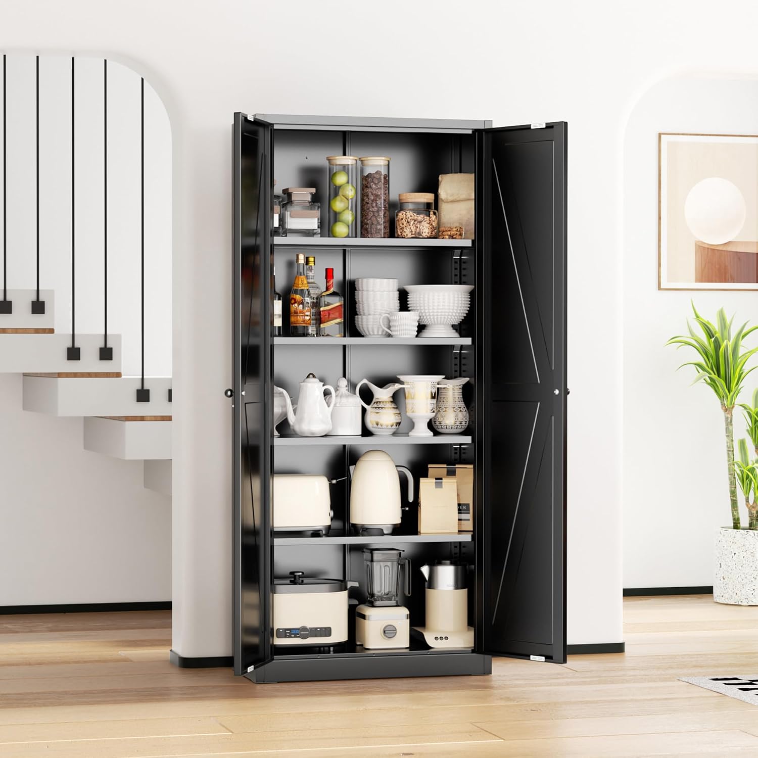 INTERGRAET 63' H Pantry Cabinet, Metal Kitchen Pantry Cabinets with 2 Doors and 4 Shelves, Farmhouse Food Storage Cabinets, Large Pantry Cabinets for Home,Kitchen,Living Room/Dining
