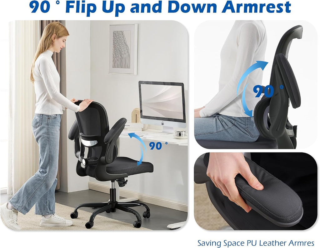 TRALT Ergonomic Office Chair - Desk Chair with Adjustable Lumbar Support Computer Chair - Mesh Comfy Chair with Flip-up Armrests - Gaming Chairs for Adults Home Office (Leather, Black)