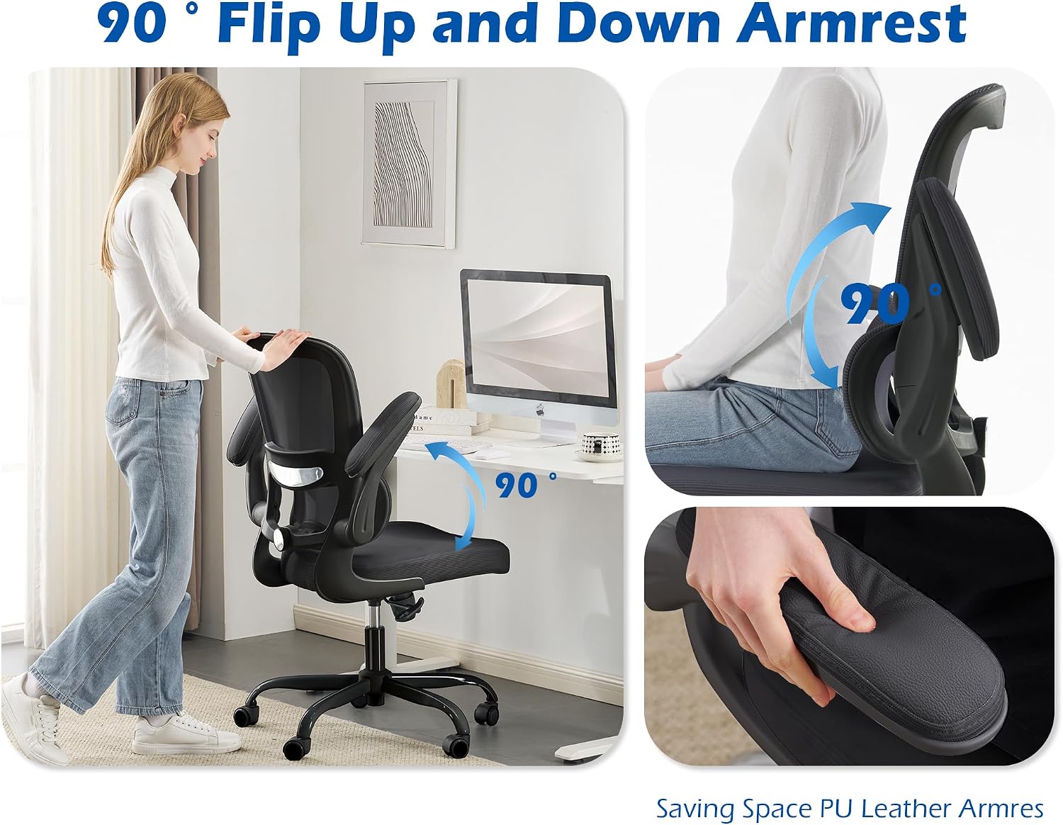 TRALT Ergonomic Office Chair - Desk Chair with Adjustable Lumbar Support Computer Chair - Mesh Comfy Chair with Flip-up Armrests - Gaming Chairs for Adults Home Office (Leather, Black)