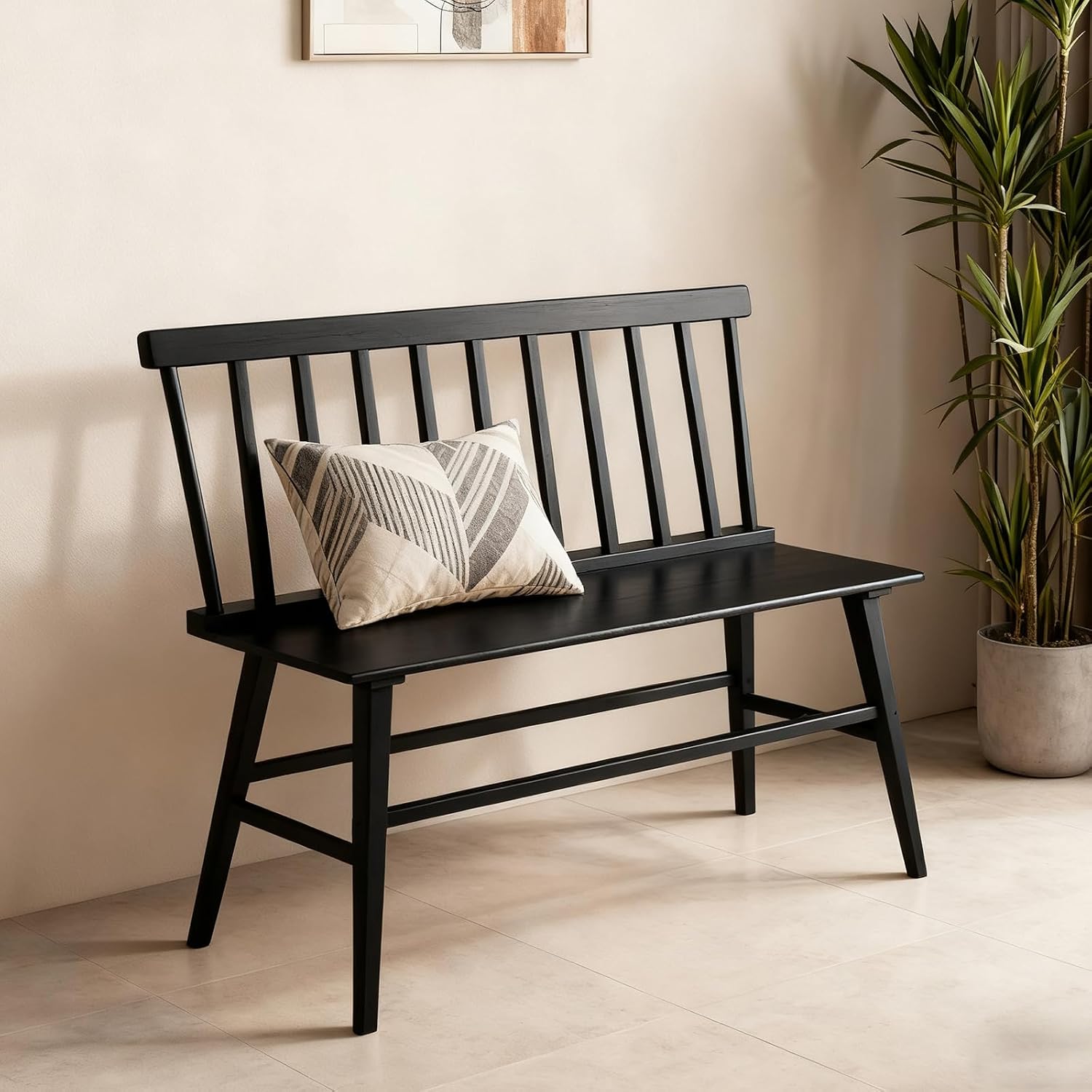 WISUCART Dining Bench for Kitchen & Dining Room – Bamboo Wood Bench with Spindle Back & Armrests, Farmhouse Entryway Bench, Indoor Bedroom Bench, Versatile Entry Bench & Outdoor Bench Seating（Black）