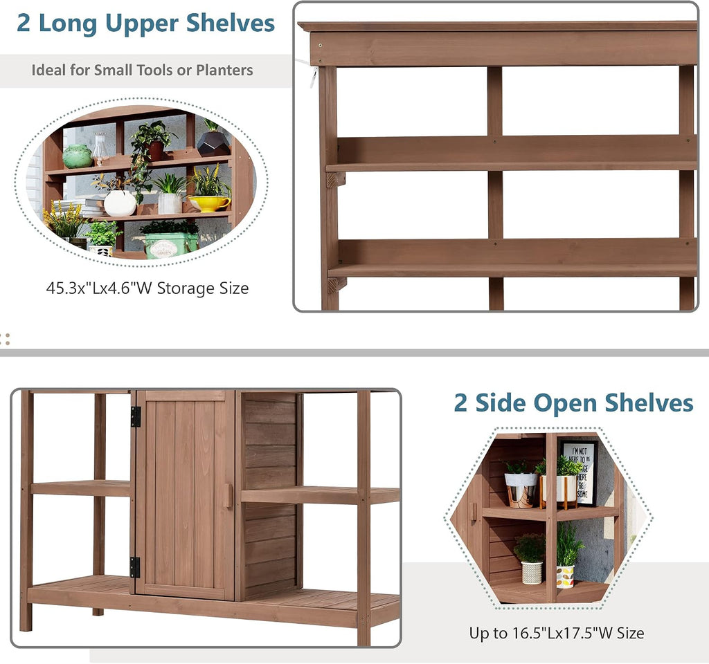Outdoor Potting Bench Table, Farmhouse Wooden Garden Workstation with 2 Drawers, Cabinet and Open Shelves for Backyard, Mudroom, Brown