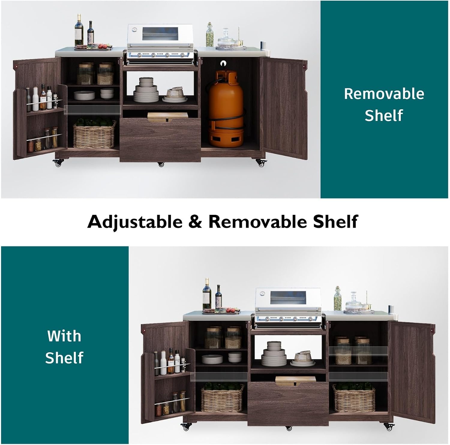 66.5' Outdoor Kitchen Island with Stainless Steel Top for Big Green Egg, Rolling Grill Cart with Adjustable Shelves, Lockable Wheels, Outdoor Table and Bar Storage Cabinet for Patio