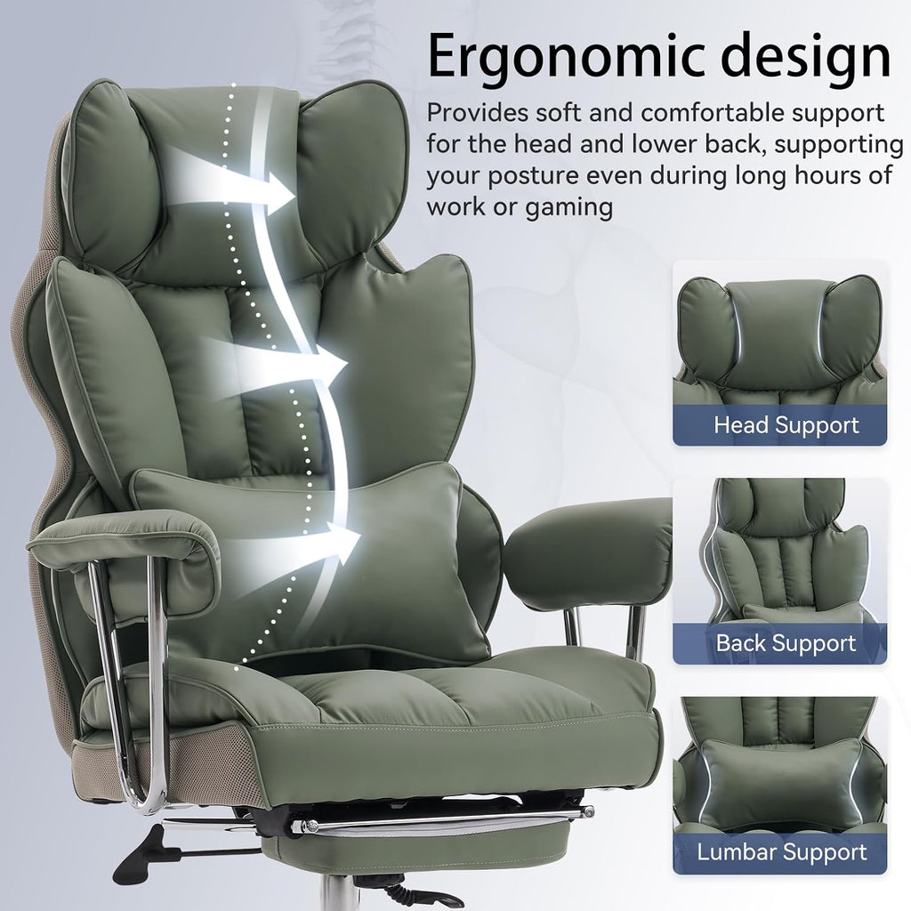 Efomao Executive Office Chair for Heavy People, High Back Computer Chair with Foot Rest, Height Adjustable PU Leather Office Chair,Big and Tall Office Chair (Green)