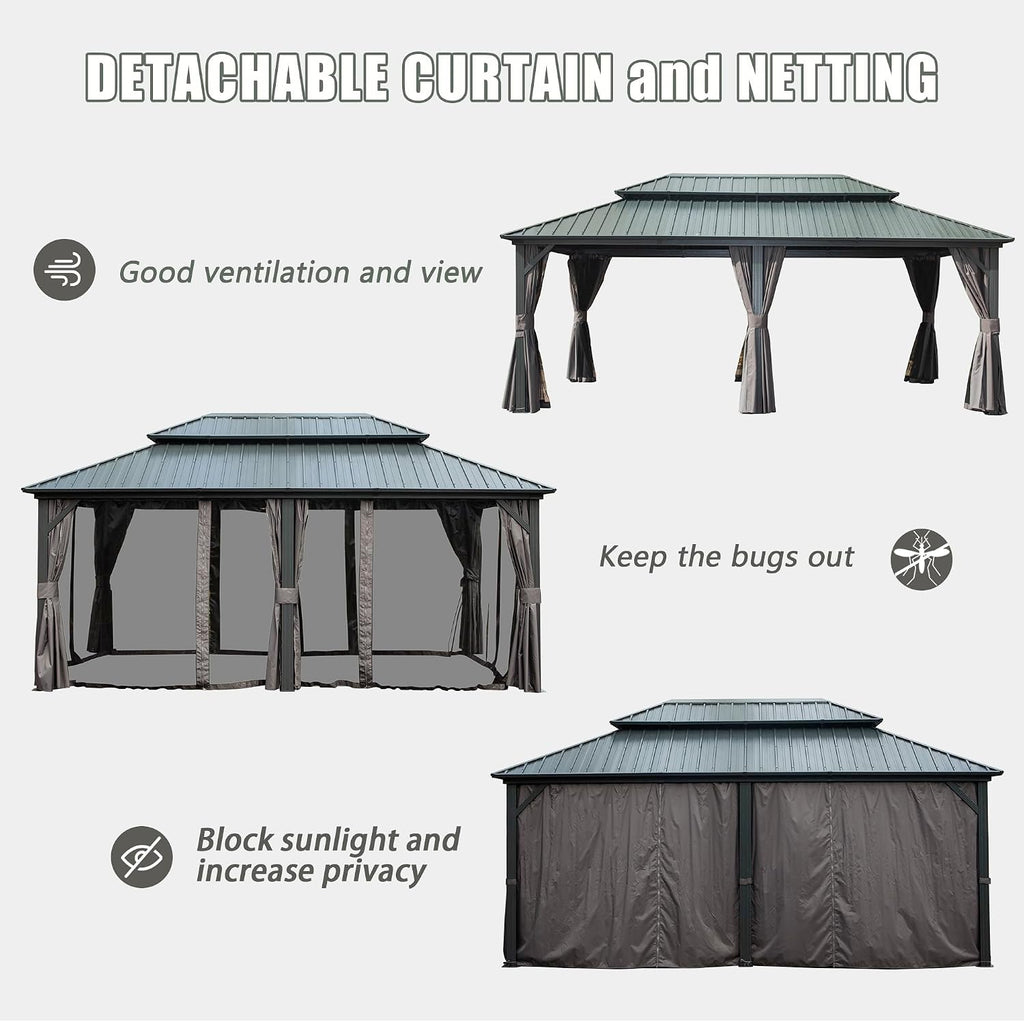 Domi 12x18FT Outdoor Gazebo, Patio Gazebo with Galvanized Steel, Hardtop Gazbo for Patio, Deck, Backyard, Curtain and Netting Included